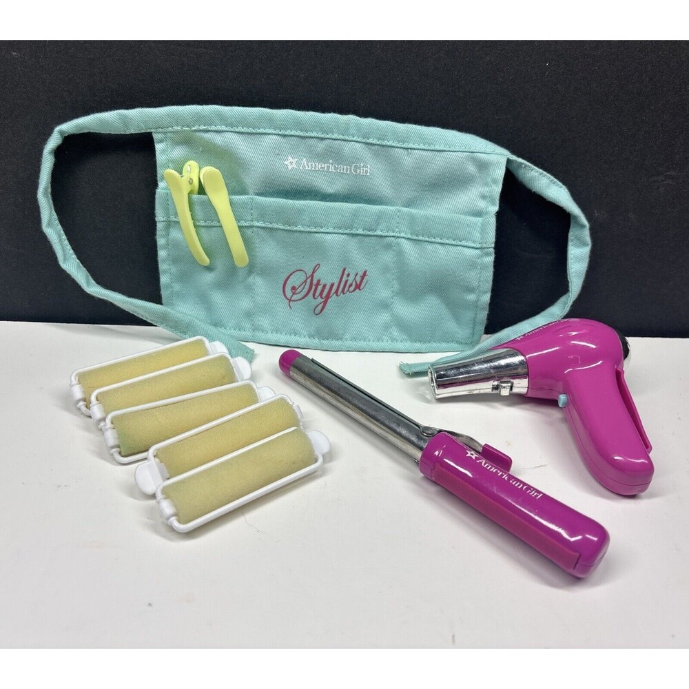 American Girl Doll Salon Stylist Set Hair Dryer Curlers Clip Apron Curling Iron